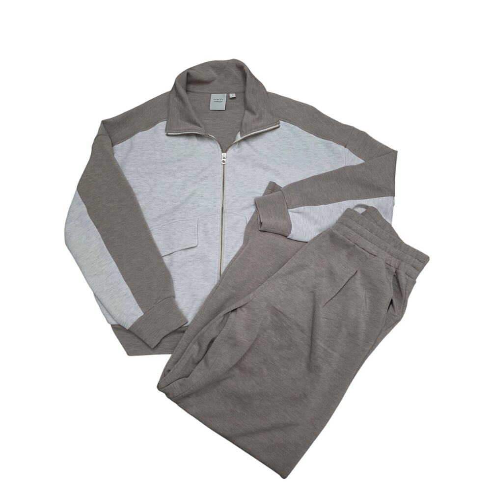 Varley Garcia Double Soft Two-Tone Sweatshirt and Wide Leg Pant Set Taupe Marl L